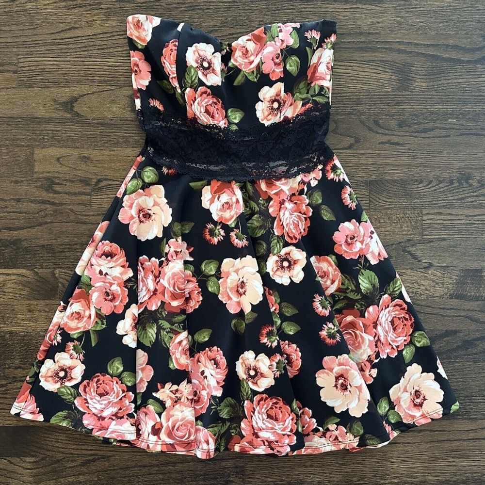 Wild Daisy Black Strapless Pink Rose Floral Mini Dress Lace Waist Large Cocktail